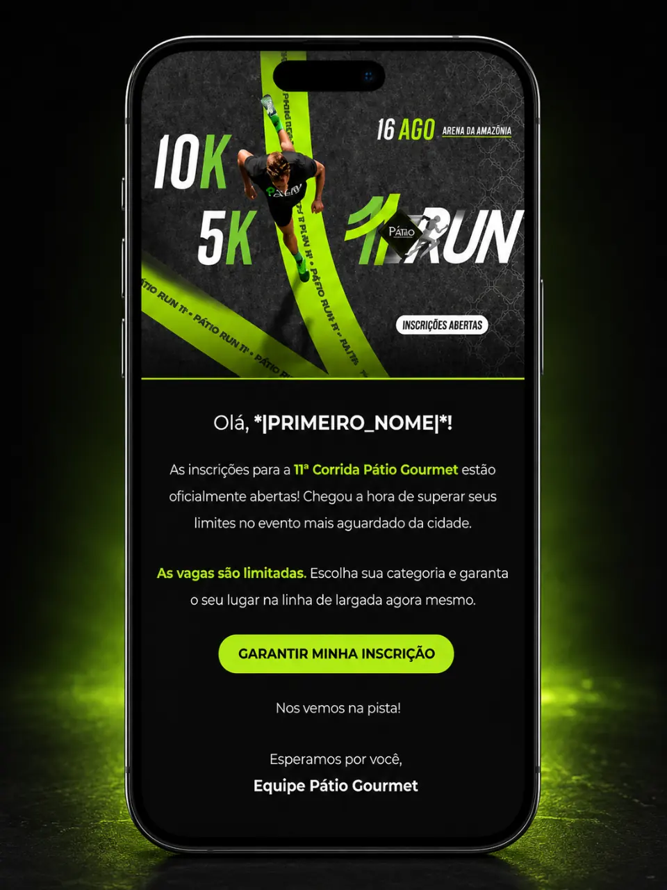 Mockup de e-mail marketing Pátio Run Corrida Pátio Gourmet