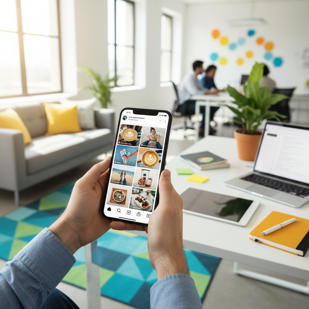 Workspace moderno com smartphone exibindo feed social — ilustração para conteúdo gerado pelo usuário (UGC)